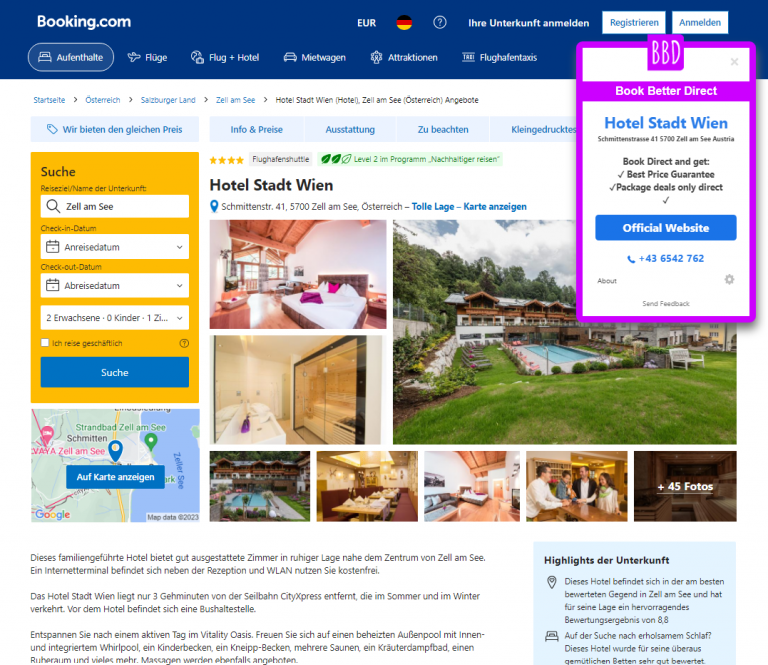 showing pop-up 4-star hotel in zell am see on booking with direct link and direct booking advantages