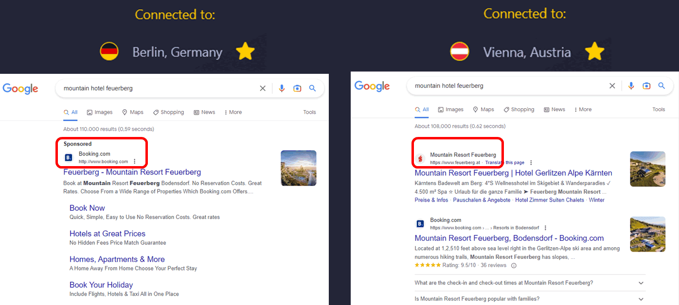 Search result for the same keywords compared between different cities.
